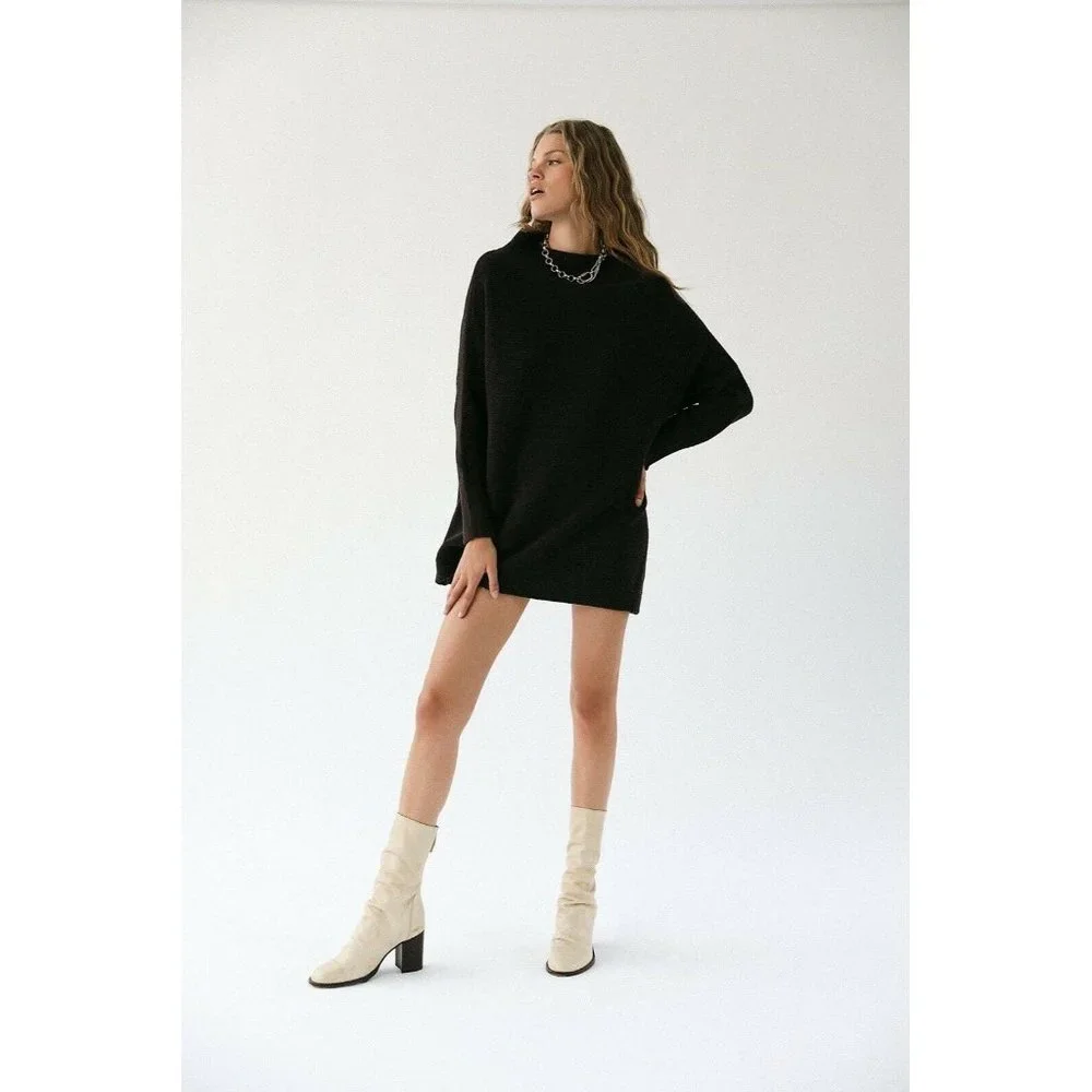 NEW FREE PEOPLE Sz L OTTOMAN SLOUCHY TUNIC RIBBED PULLOVER SWEATER BLACK